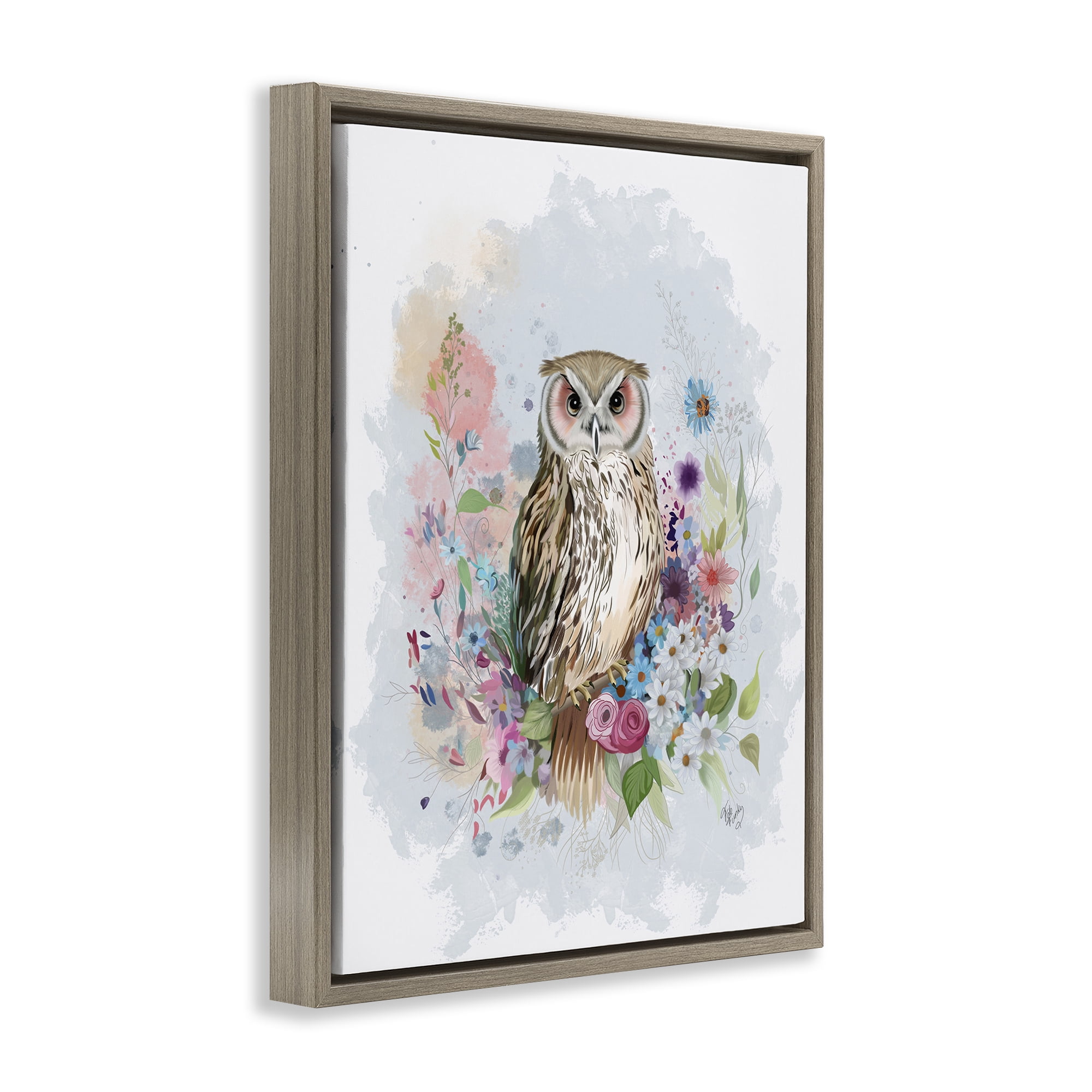 Stupell Industries Owl & Floral Garland Animals & Insects Painting Brown Floater Framed Canvas Art Print Wall Art, 17 x 21