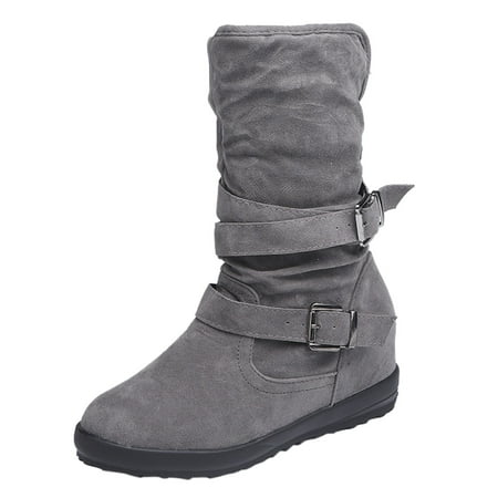 

New Fashion Warm Female Boots Women Buckle Keep Toe Shoes Snow Booties Warm Middle Strap Color Round Solid Flat Retro Womens Boots