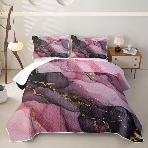 Homewish Black Pink Marble Twin Quilt Set,Modern Aesthetic Art Twin Coverlet Set,2pcs
