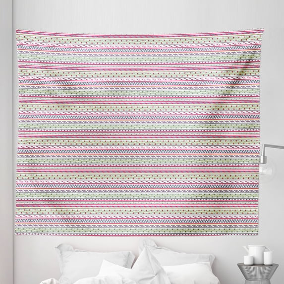 Tribal Tapestry, Stripes with Triangles Arrows Abstract Geometric Composition, Fabric Wall Hanging Decor for Bedroom Living Room Dorm, 5 Sizes, Dark Coral Pale Blue, by Ambesonne