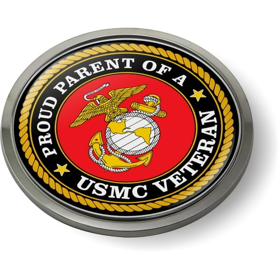 BestLicensePlateFrames - Proud Parent of a USMC Veteran 3D Domed CAR Emblem Badge Sticker Chrome Metal Bezel - Official U.S. Marine Corps Licensed Product