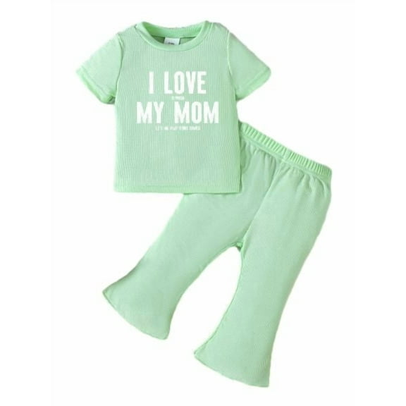 Okgogo Baby Girls Clothes Girls Outfits "I LOVE MY MOM" Print Short Sleeve Top Flared Pants 2Pcs,As Gift