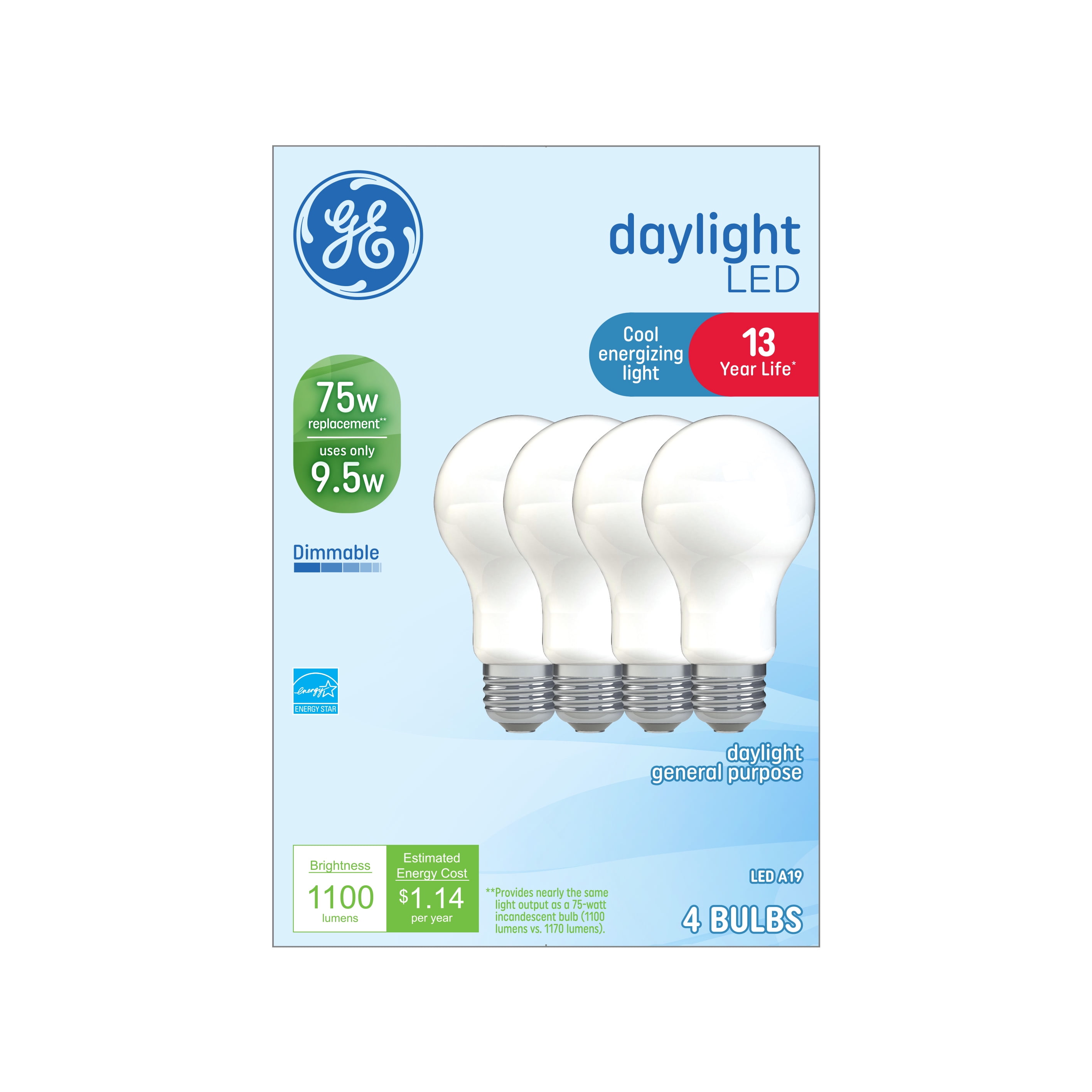 GE Daylight LED Light Bulbs 9.5 Watt (75 Watt Equivalent) Cool Energizing Light, A19 Bulb Shape, Medium Base, Dimmable (4 Pack)