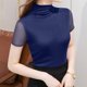 thumbnail image 5 of Tejiojio Women's Sheer Mesh Top Solid Mock Neck Short Sleeve Fitted Elegant Casual Blouse, 5 of 5