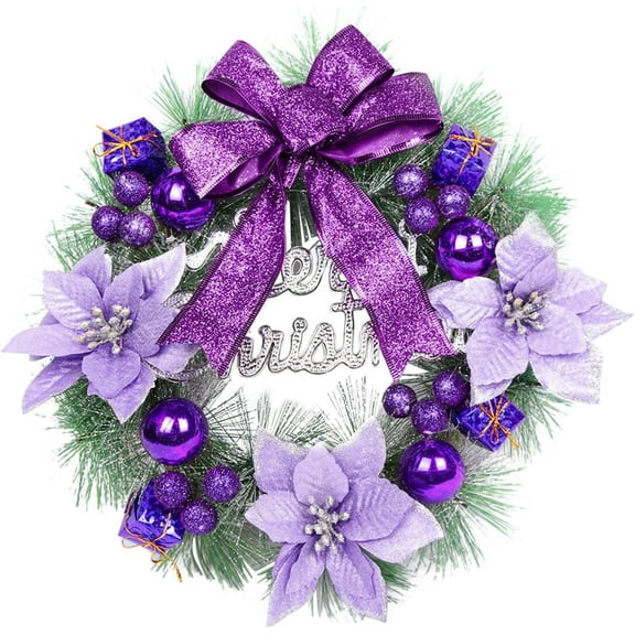 Christmas Wreaths, Artificial Christmas Wreaths for Front Door, Merry Christmas Wreath with Bow, Xmas Wreaths Ornaments, Christmas Door Wreath Flowers Ornaments for Holiday Party Decor Purple