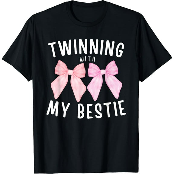 Premium model-Unisex-100% cotton-Pink Bow Twinning With My Bestie Twin Matching Twins Friends T-Shirt