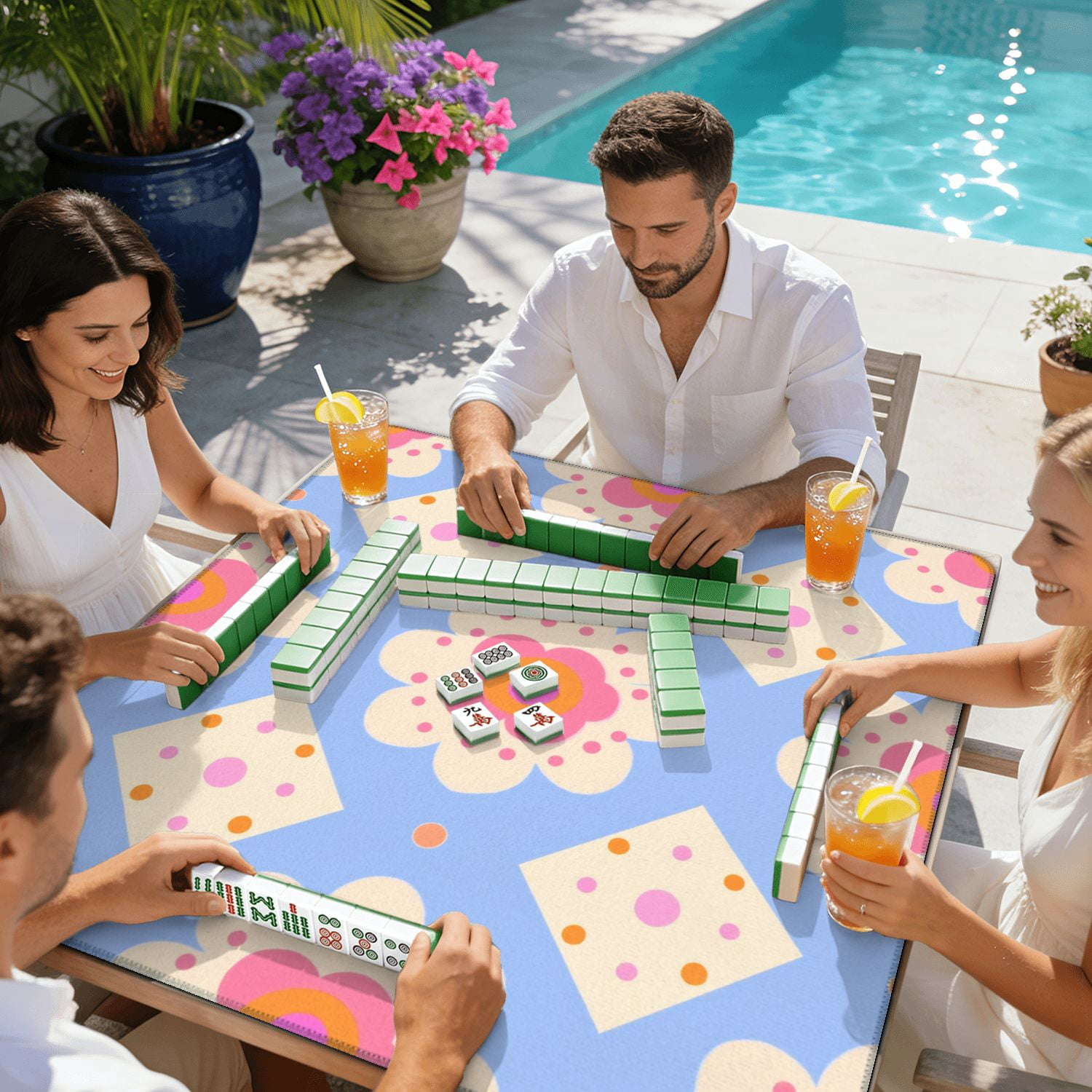 Mahjong Mat 31.5" x 31.5" Floral Geometric Pastel Tones Blue Non-Slip Noise Reduction American Mahjong Tiles Table Cover for Dominoes Poker Card Board Games Gift