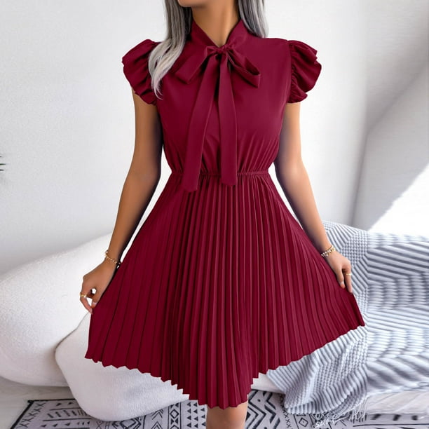 Summer Casual Dresses for Women Tie Neck Elegant Formal Pleated Dress Ruffle Sleeve Solid Swing Work Cocktail Dress