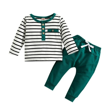 

nsendm Sweat Suites for Kids Newborn Infant Baby Clothes Girl Boy Striped Long Sleeve T Shirt Tops Pants New Born Boy Green 2-3 Years