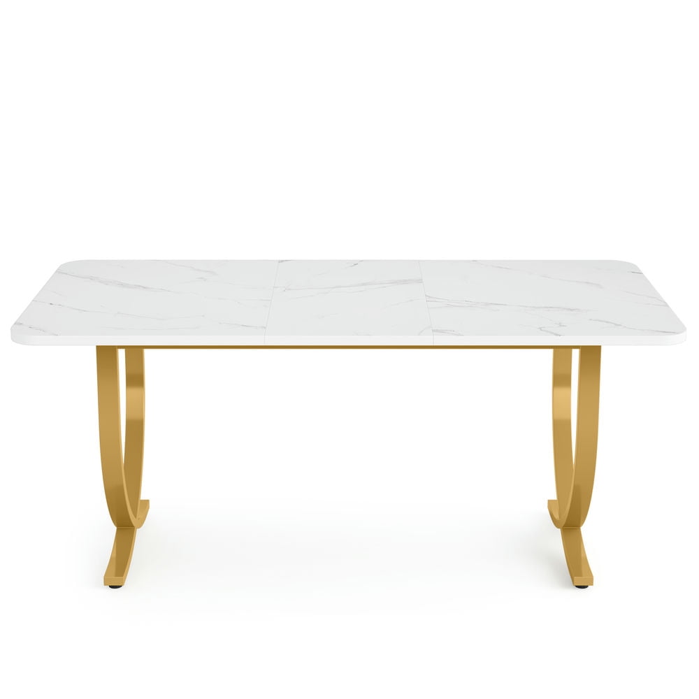 Topcobe 63" Executive Desk, Faux Marble Computer Desk Meeting Table, Indoor Modern Furniture for Living Room, Office, Game Room, White & Gold