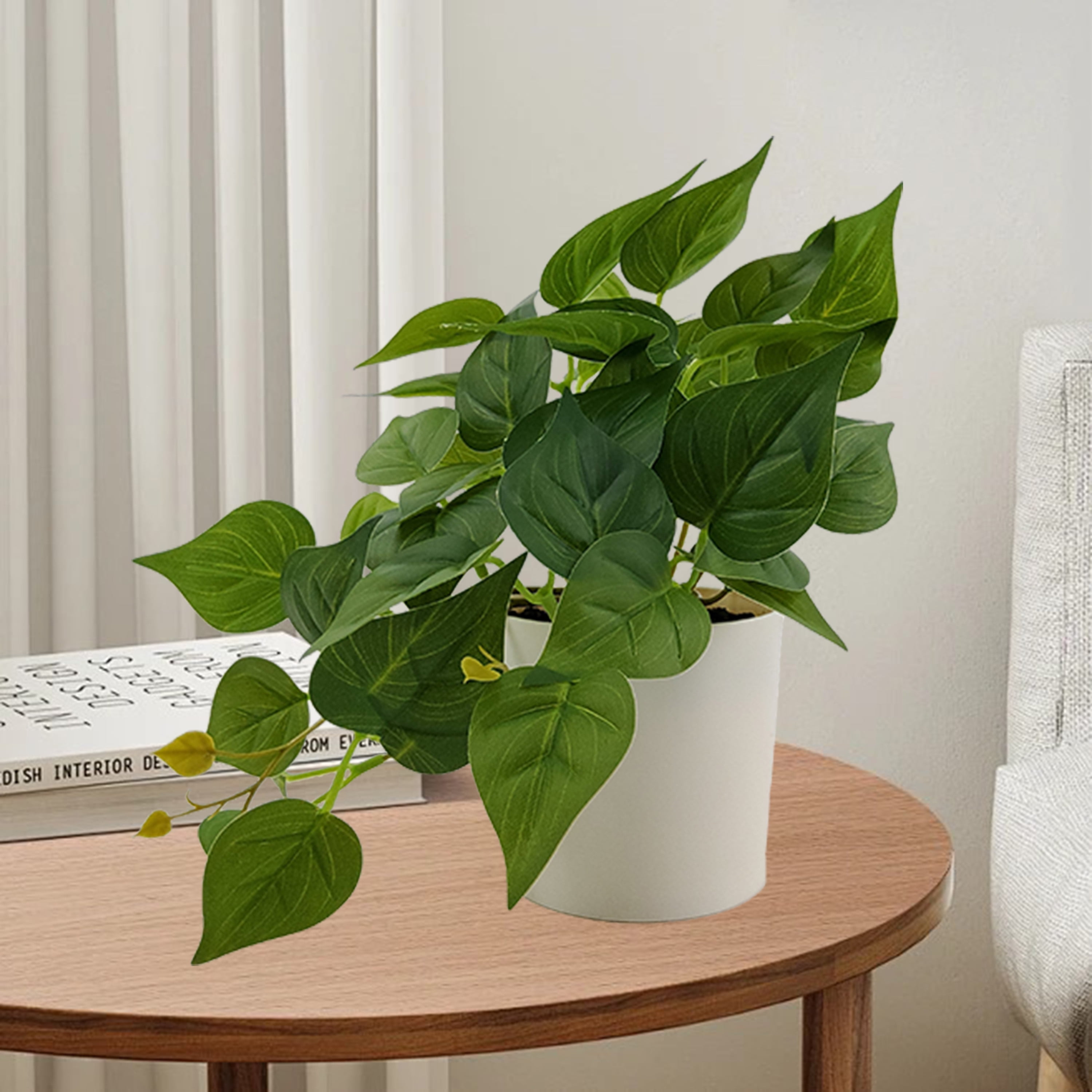 Mainstays Indoor 8''H Artificial Trailing Pothos Plant in White Plastic Pot, Green Color.