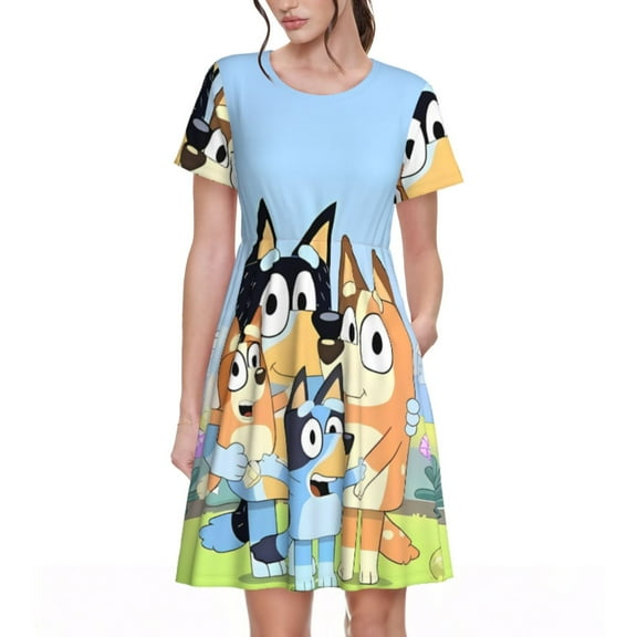 Saiise Bluey Print Women's Short Sleeve A-Line Dress with Pockets, Casual Knee-Length Crew Neck Dress for Summer