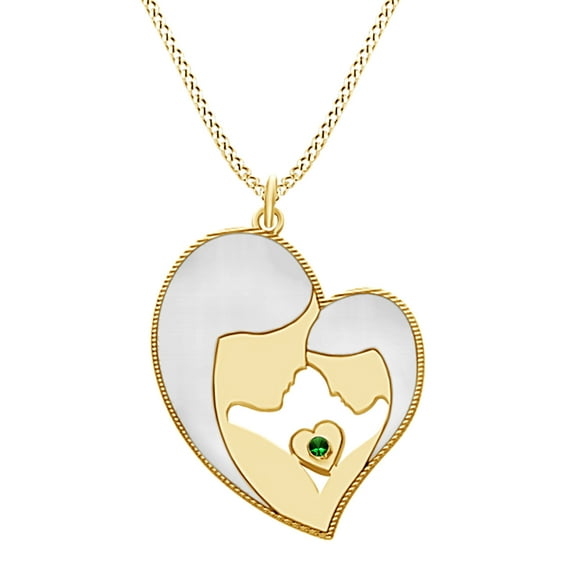 AFFY Mother's Day Jewelry Gifts Round Simulated Emerald Two Tone Mom Heart Frame Pendant Necklace In 14k Yellow Gold Over Sterling Silver