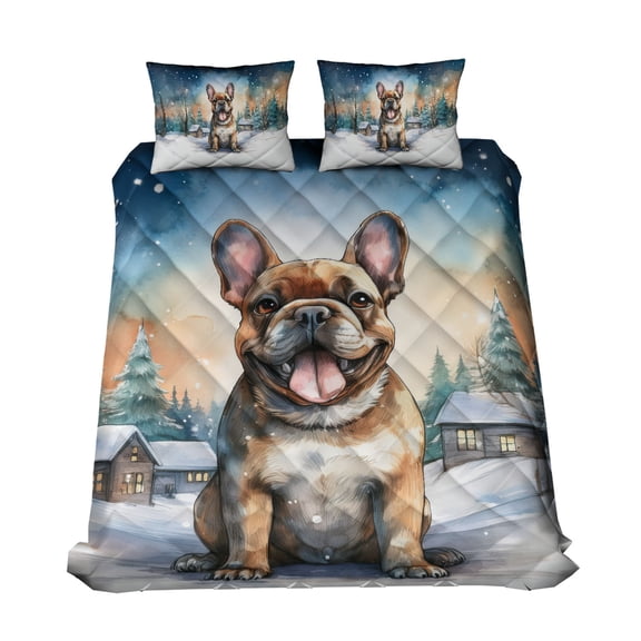 Hello Winter French Bulldog Welcome Snowy Night Watercolor Vintage Quilt Bedding Set Dog Lover Gifts 1 Blanket Bed Cover 2 Pillowcases - 01011