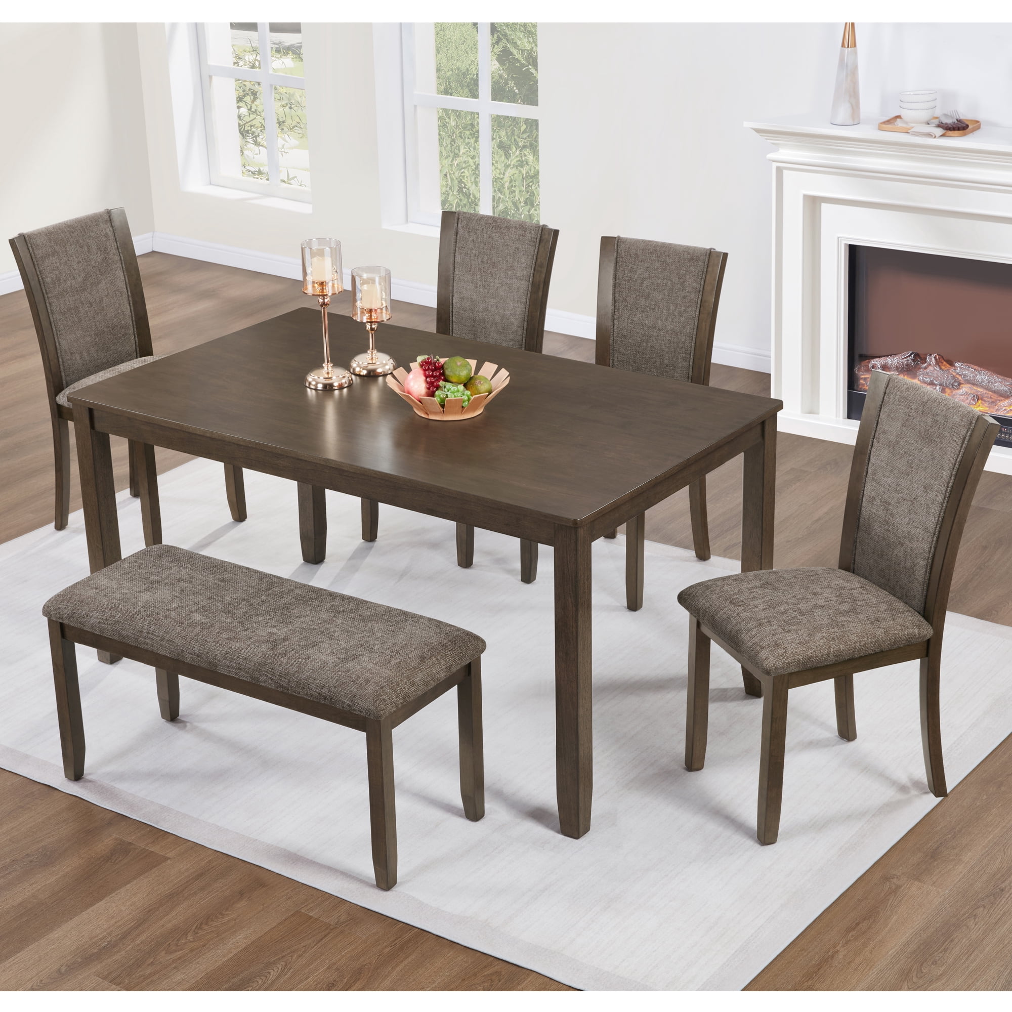 Leumius 6 Pieces Dining Table Set,Wood Dining Table Set with 4 Upholstered Leather Chairs and a Bench,Kitchen Dining Set for 6,Wooden Dining Furniture Sets for Kitchen, Dining Room,Dark Walnut