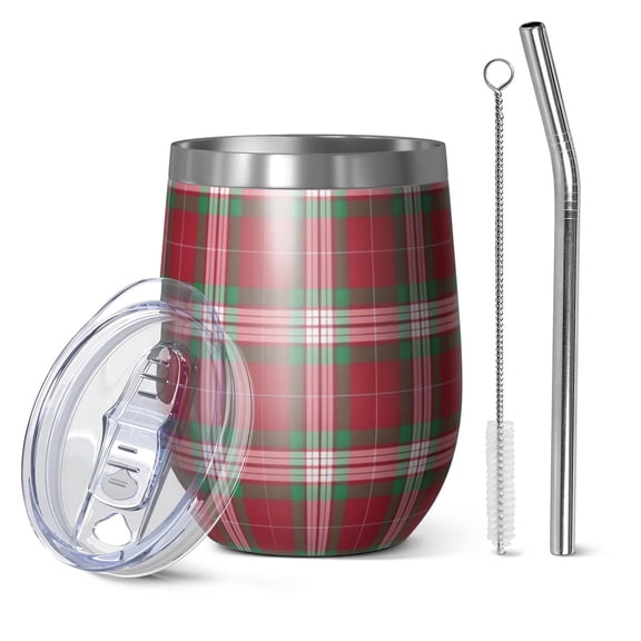 12oz Stemless Wine Tumblers Red and Green Christmas Plaid Pattern Vacuum Insulated Stainless Steel Travel Tumbler Cups Mug with Lid and Straw for Champaign,Cocktail,Beer with Cleaning Brush