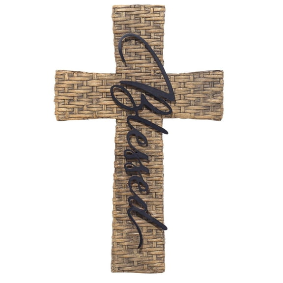 Dicksons Believe Basket Weave Brown 10 inch Resin Decorative Wall Cross