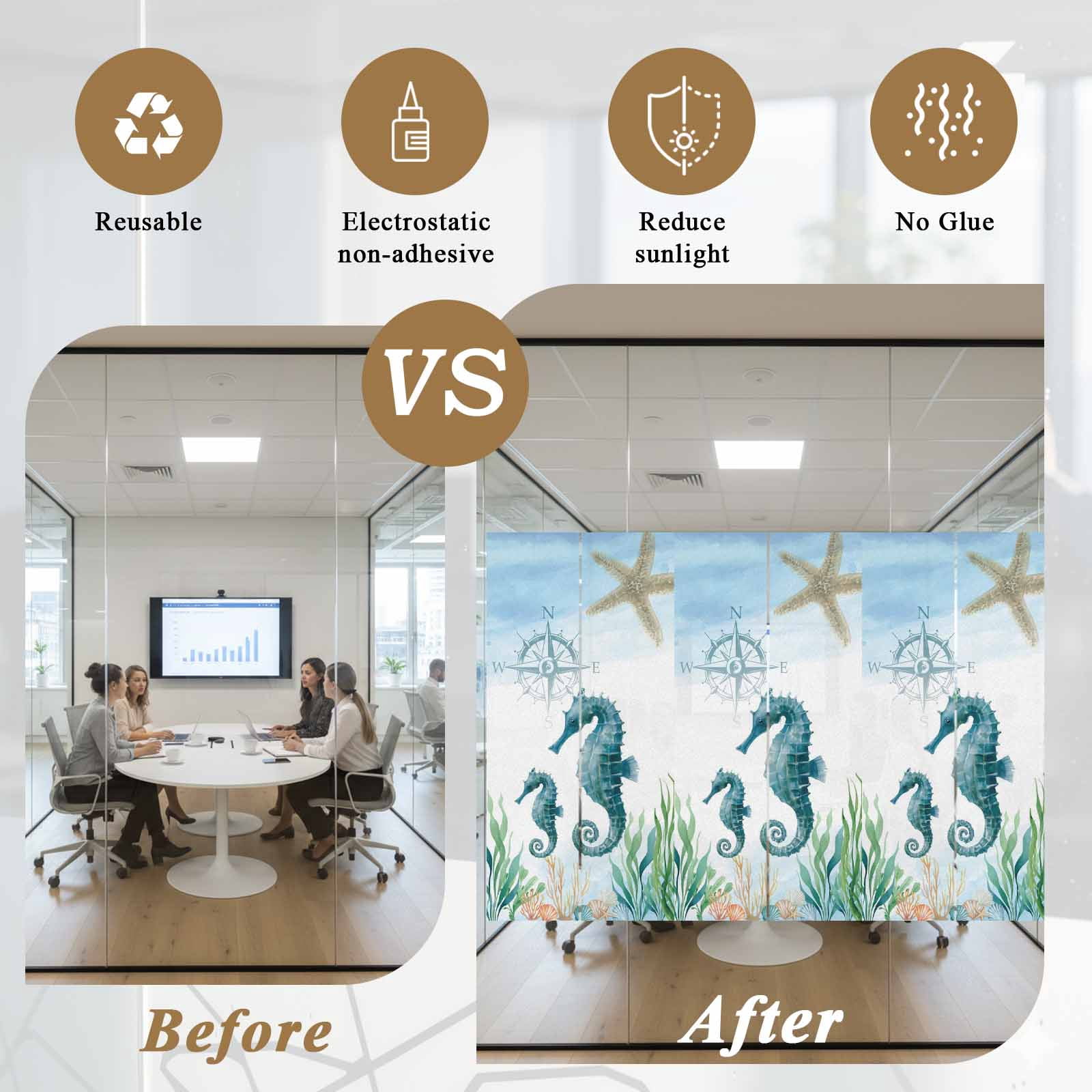 Ocean Blue Window Privacy Film, Seahorse Starfish Compass Seagrass Coral Coastal Frosted Glass Window Clings Static Cling UV Heat Blocking Reusable Door Sticker for Bathroom 23.6 x 59 Inch