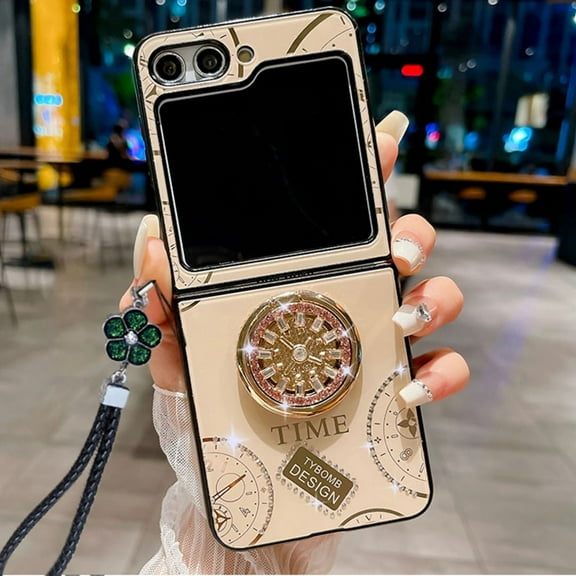 Kickstand Case for Samsung Galaxy Z Flip 5 with Ring Lanyard Bling Butterfly Shockproof Cover for Girls Women-Gold