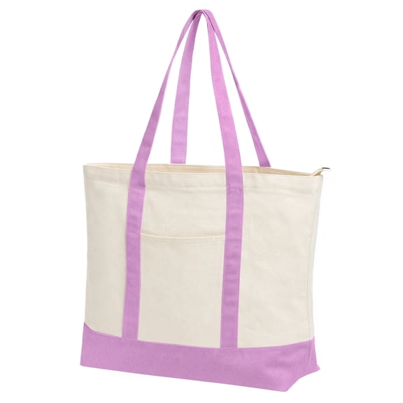 Muka Canvas Tote Bags with an External Pocket, Top Zipper Closure Reusable Grocery Shopping Bag-Natural / Pink