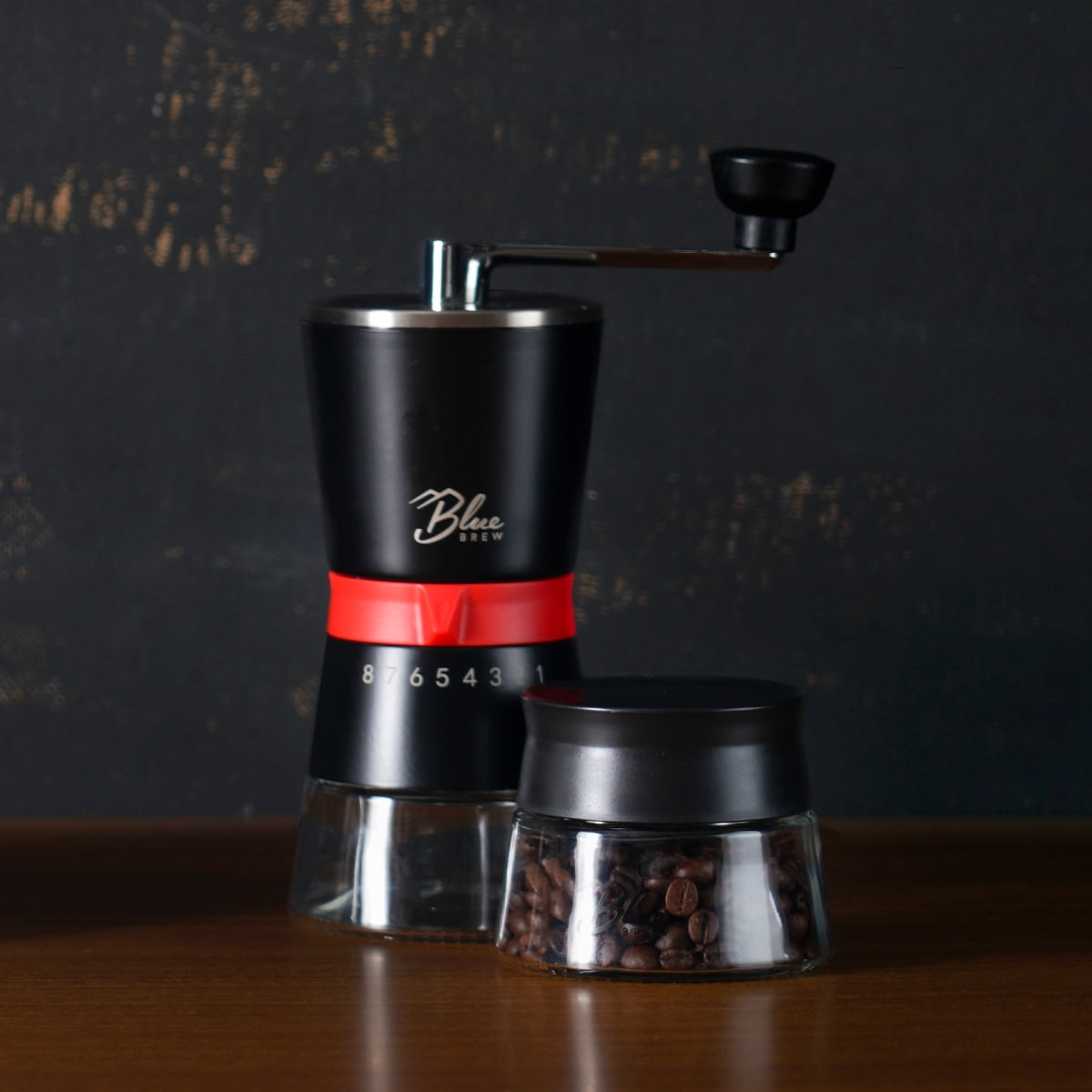 BLUE BREW Coffee Grinder with Conical Ceramic Burrs, Manual, with 2 Airtight Glass Jars, Adjustable Grinding Size Stainless Steel Hand Coffee Mill/Espresso Bean Grinder, BB1007