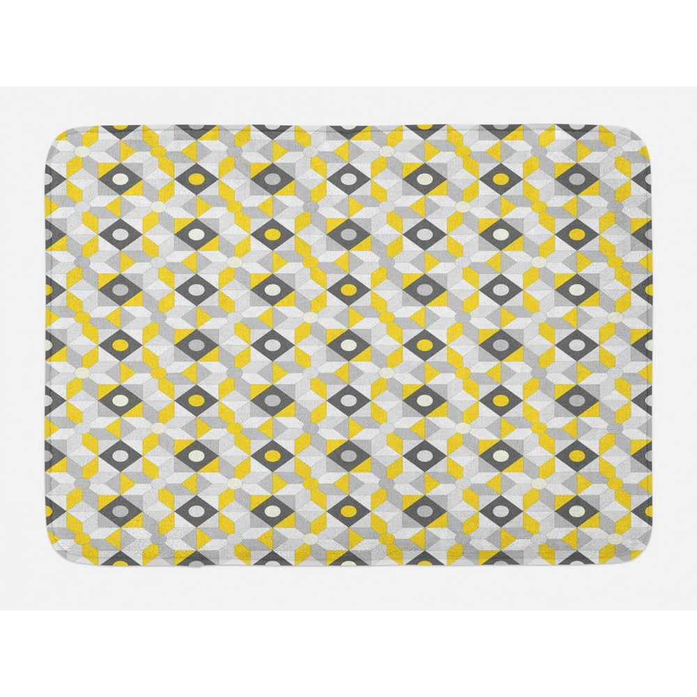 Grey and Yellow Bath Mat, Geometric Retro 60s 70s Home Inspired Rounds Squares Image, NonSlip