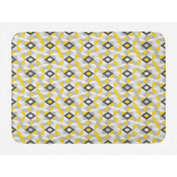 Grey and Yellow Bath Mat, Geometric Retro 60s 70s Home Inspired Rounds