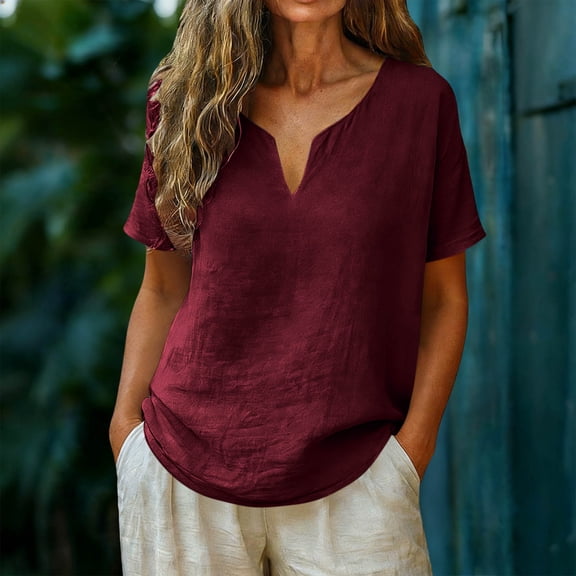 POUNOO Womens Linen Tops V Neck Short Sleeve Loose Fit Casual Blouses Shirts Boho Minimalist Style Gift