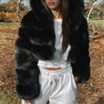 thumbnail image 5 of Women's Plus Size Black Faux Fur Coat Hooded Splicing Design Long Sleeve Warm Outerwear, 5 of 8