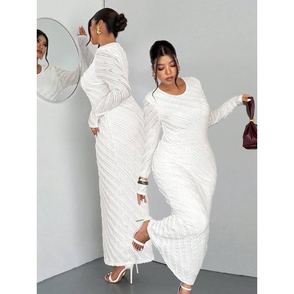 Plus Size Women's White Romantic Elegant Lace Jacquard Long Sleeve Cinched Waist Fishtail Hem Long Dress