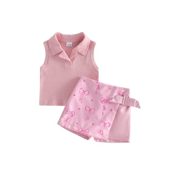 BemeyourBBs Toddler Baby Girl Summer Clothes Little Baby Girl Summer Outfits Ribbed Knit Turn Down Collar Sleeveless Tank Vest Tops Bowknot Print Skort Shorts Skirt Set
