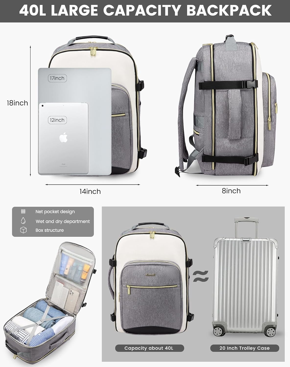 LOVEVOOK Large Travel Backpack for Women & Men, 40L Carry on Backpack for Airplanes, TSA Personal Item Travel Bag fits 17" Laptop, Waterproof Travel Essentials Airline Approved with 3 Packing Cubes