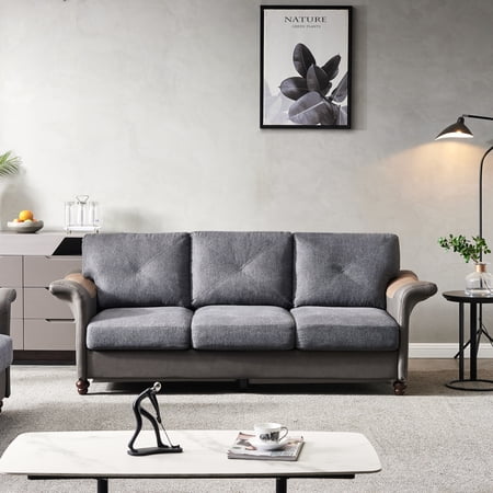 Holaki 84.6" 3 Seat Linen Fabric Sofa with Curved Arm and Pocket, Dark Grey