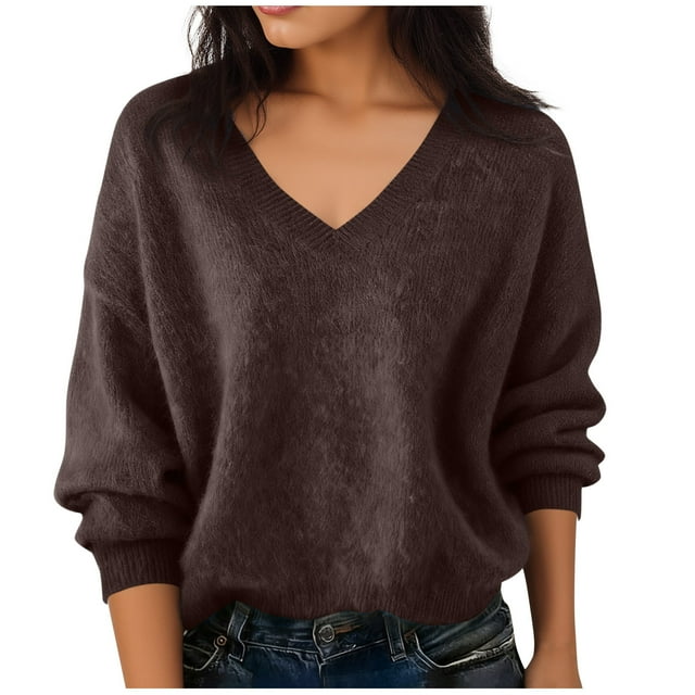BLVB Chandails Chauds pour Femmes Col en V Classique Doux Chandail Confortable Ample Décontracté Manches Longues Automne Hiver