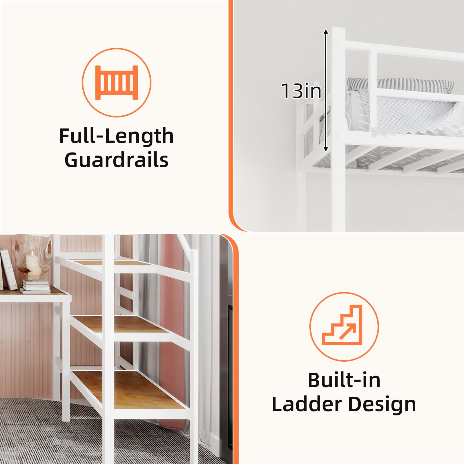 Alvantor Loft Bed Twin Size with L-shaped Desk, Metal Bed Frame with stairs for Kids/Teens, No Box Spring Needed White