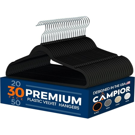 Premium Velvet Non-Slip Hangers for Clothes - Heavy Duty Coat Hanger Set with 360&deg; Swivel Hook, Lightweight, Luxurious Velvet Finish, Versatile Hangers for Any Closet, Pack of 30 - Black