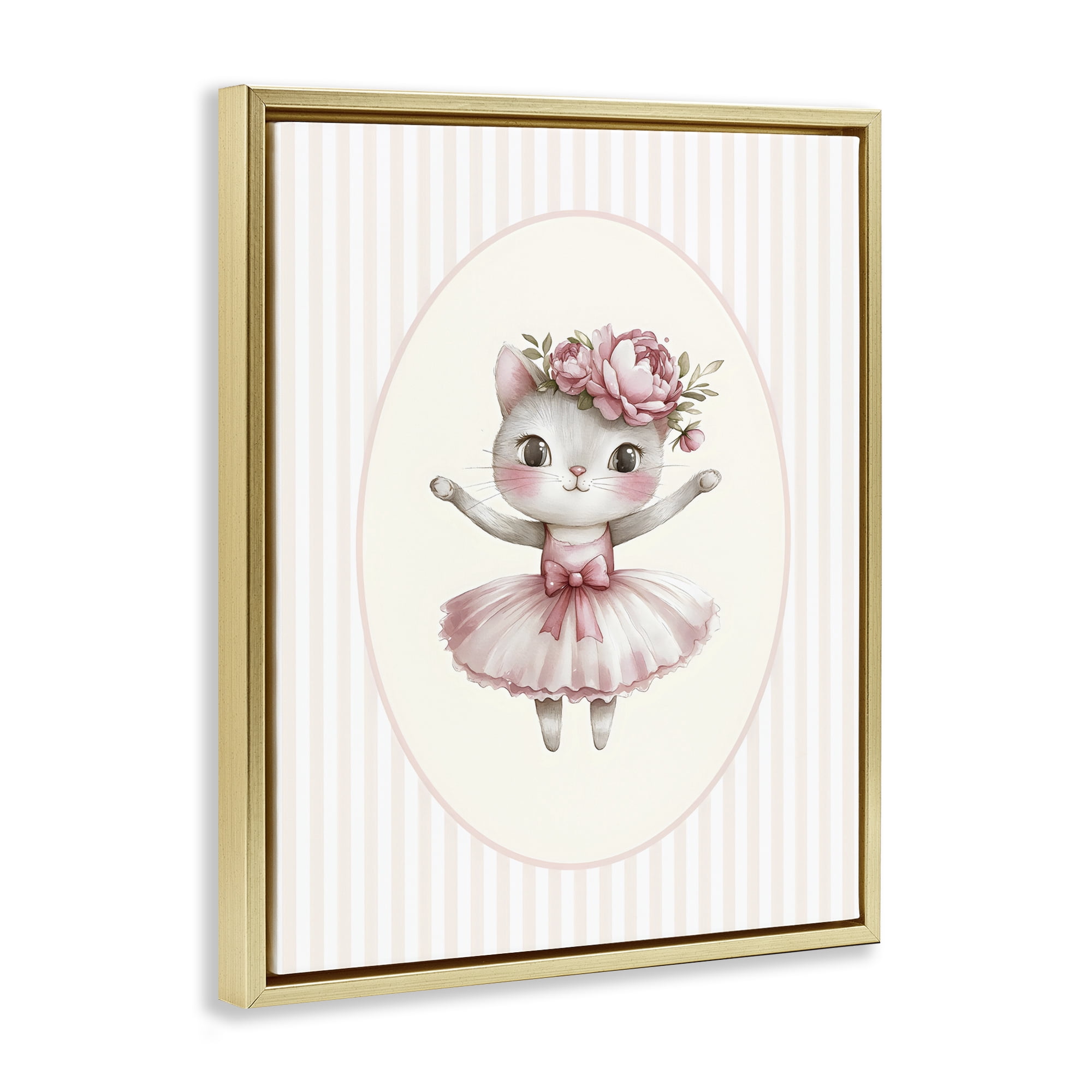 Stupell Industries Nursery Ballerina Cat Striped Gold Framed Floater Canvas Wall Art, design by LSR Design Studio