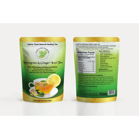 LEMONGRASS GINGER ICED TEA JUMBO - 14 Jumbo Pyramid Corn Fiber Teabags- 100% Sun Dry Cut and Sift Tea Leaves in Pyramid Teabags- 100% Natural Taste and Organic