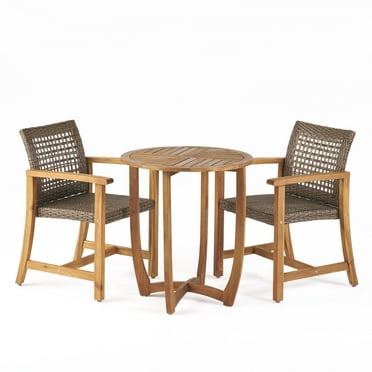 GDF Studio Lepage Outdoor Acacia Wood and Wicker 3 Piece Bistro Set, Teak and Mixed Mocha