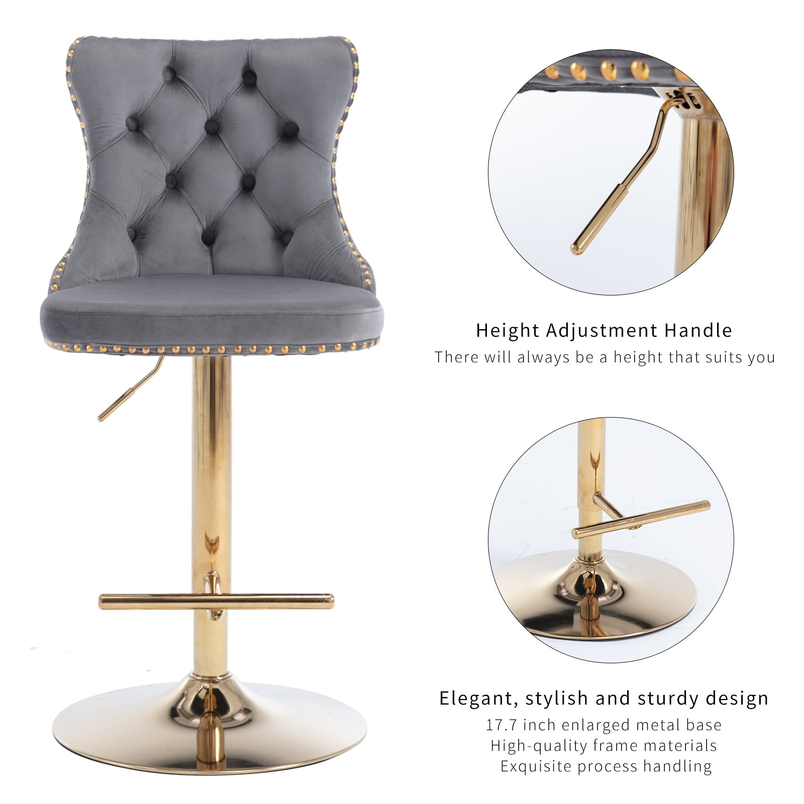 ODUSE-DAILY Gray Velvet Bar Stools Set of 2 - Adjustable Swivel Counter Height Chairs with Tufted Back and Nailhead Trim for Kitchen Island Pub Restaurant (2Pcs, Gold Metal, Grey)