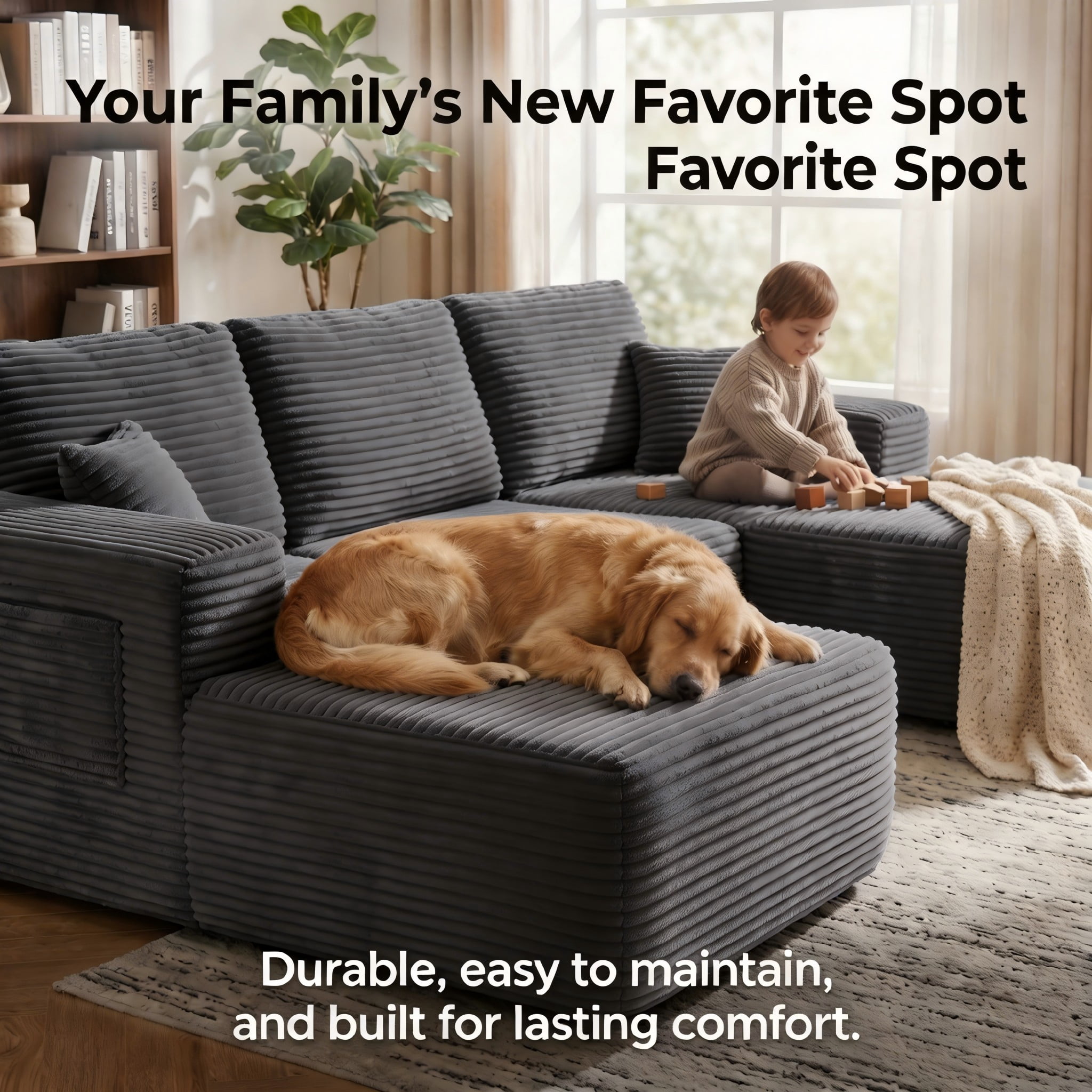 104" Premium Corduroy Sectional Sofa with Reversible Chaise, U-Shape Modular Couch with Deep Seating, Pocket Spring Cushions, Side Pockets, Tool-Free Assembly for Living Room, Left Facing (Grey)