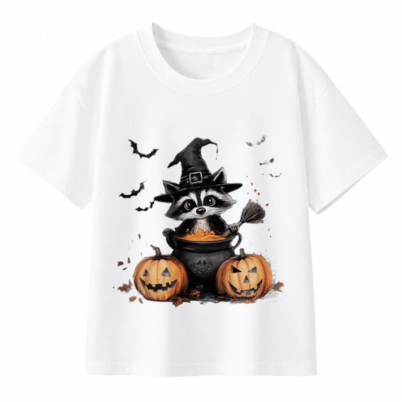 Boys Witch Hat Pumpkins and Bats Halloween T-Shirt, Spooky Graphic Short Sleeve Shirt for Fall and Seasonal Wear