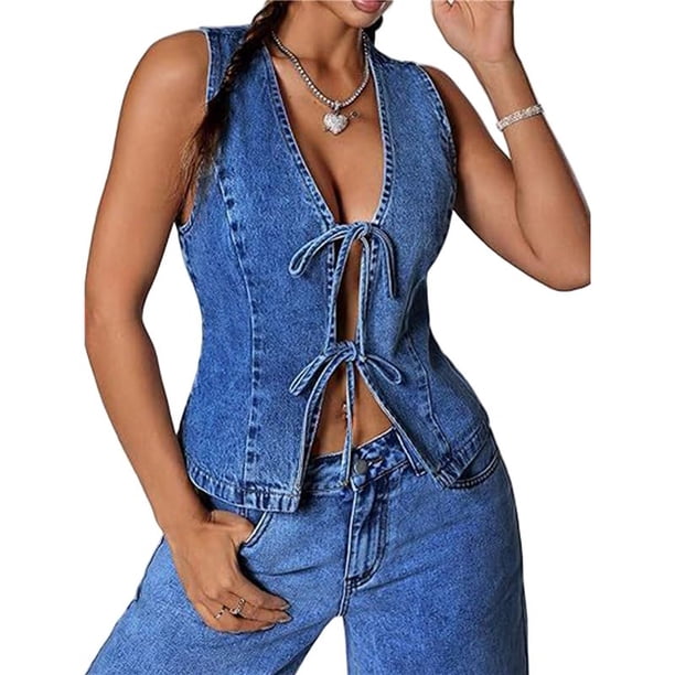 Chaleco Vaquero Sin Mangas con Escote en V Profundo y Lazo Frontal para Mujer Azul Oscuro L