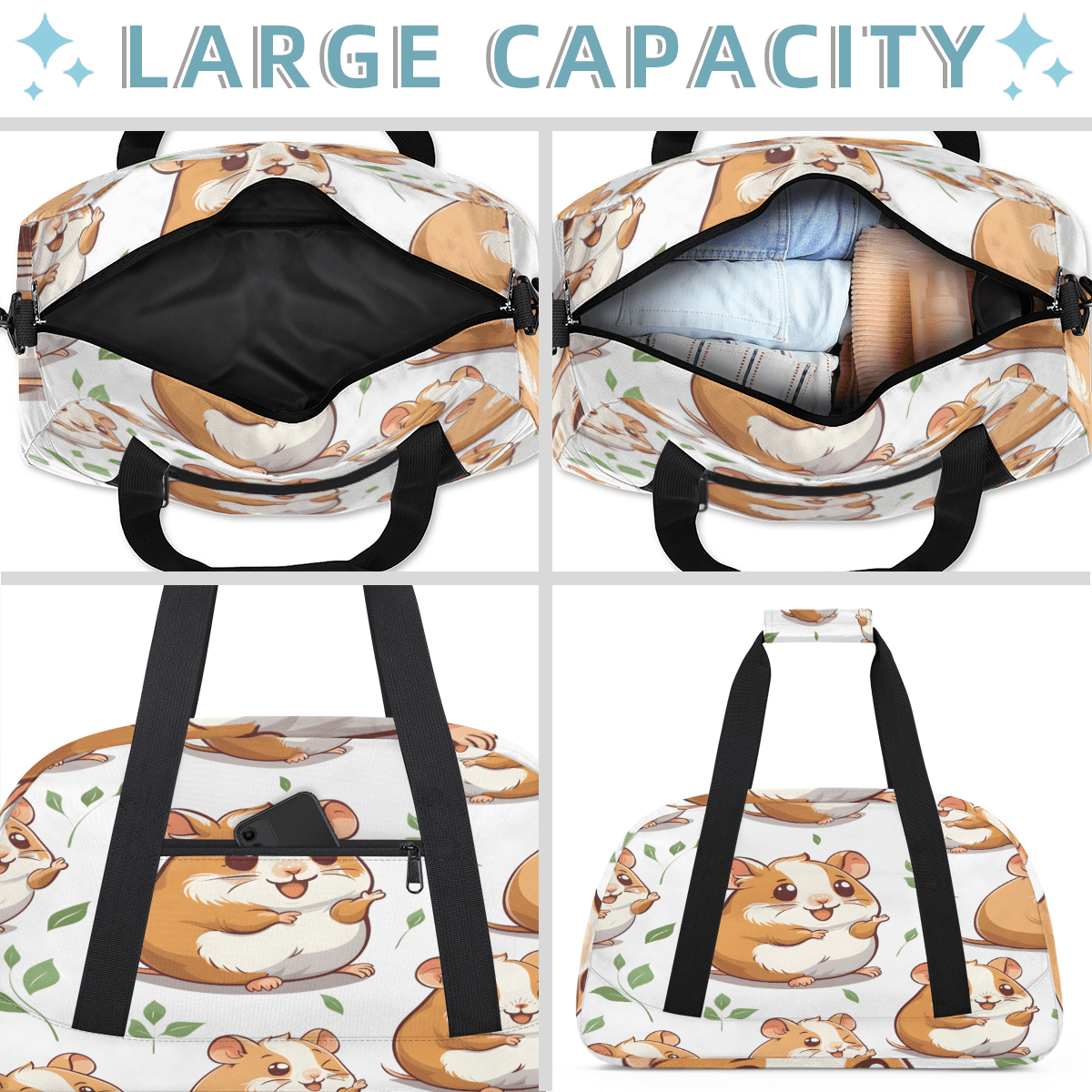 Herdesigns Cute Sports Duffle Bag for Women & Men, Cute Hamster Gym Bag Dance Bag Overnight Bag Carry On Weekender Travel Bag