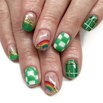 24Pcs St Patricks Day Square Press on Nails Short Fake Nails Green Checkerboard Glue on Nails Glossy Glitter False Nails with Rainbow Designs Acrylic Stick on Nails for Women Girls
