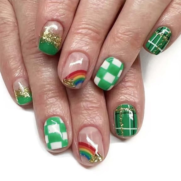 24Pcs St Patricks Day Square Press on Nails Short Fake Nails Green Checkerboard Glue on Nails Glossy Glitter False Nails with Rainbow Designs Acrylic Stick on Nails for Women Girls