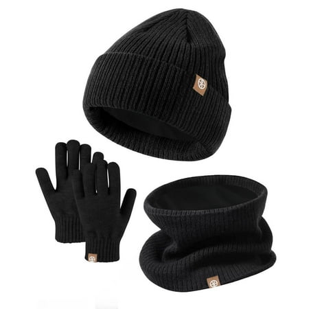 

OJinShaWanO Sombrero Hats for Kids Party Kids Winter Hat Gloves Scarf Set Girls Toddler Children Hats with Pom Knit Neck Warmer Gaiter Mittens Lined Set Black