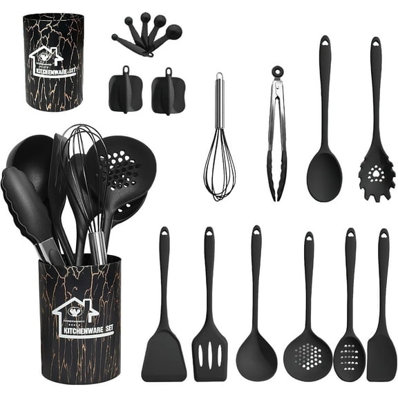 18PCS Silicone Cooking Utensils Set - 446°F Heat Resistant Kitchen Utensils,Turner Tongs,Spatula,Spoon,Brush,Whisk,Kitchen Utensil Gadgets Tools Set for Nonstick Cookware,Dishwasher Safe - Black