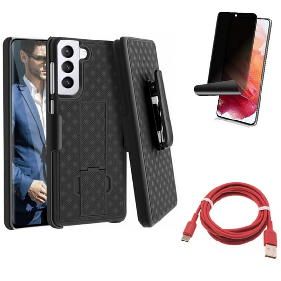 6ft USB-C Cable w Case Belt Clip w Privacy Screen Protector for Samsung Galaxy S21 Plus - Red Charger Cord, Holster Swivel, TPU Film Fingerprint Works Accessory Bundle