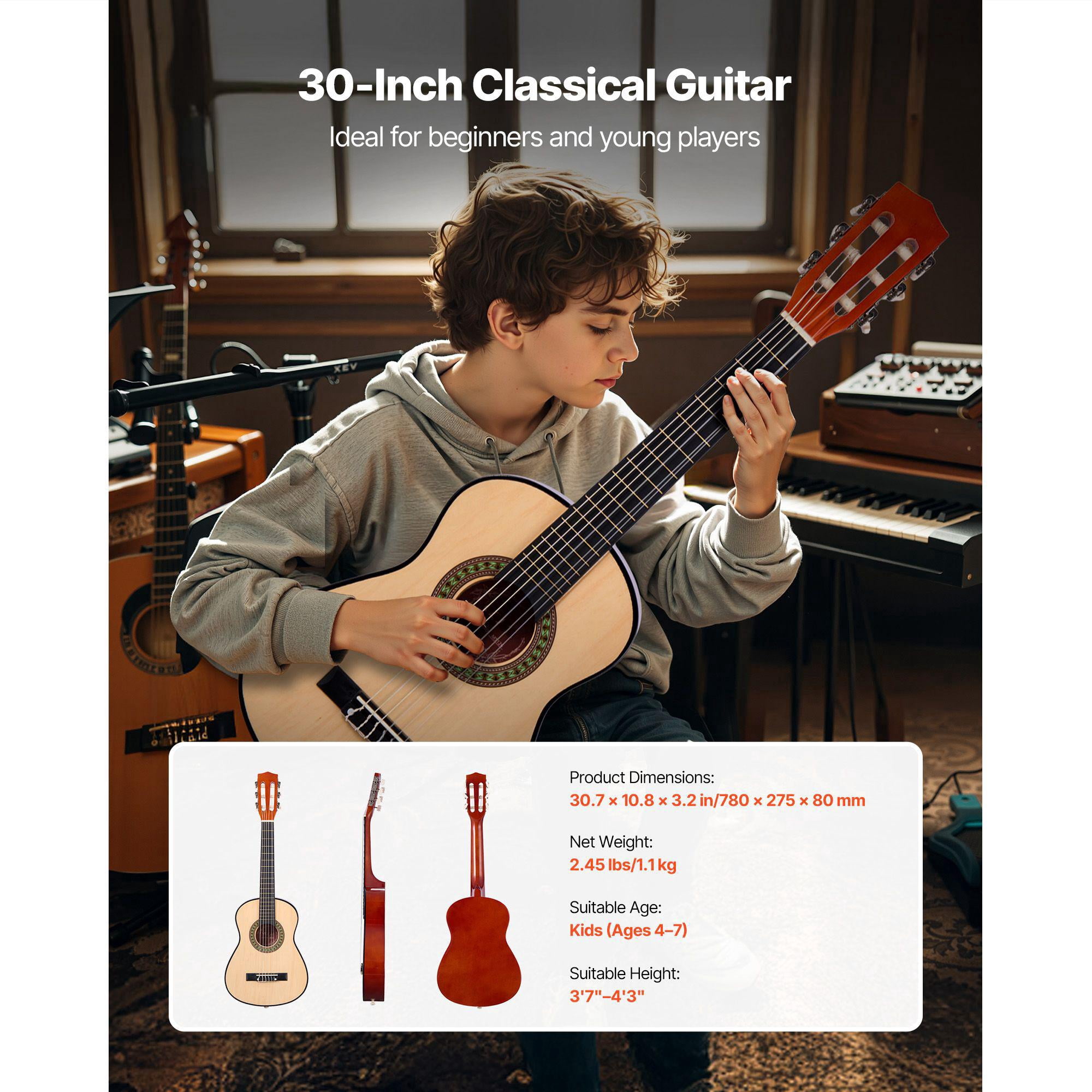 30 Inch Basswood Classical Guitar Starter Kit for Beginners with Nylon Strings Gig Bag Strap Tuner Extra Strings Picks Capo for Kids Girls Boys Students Natural